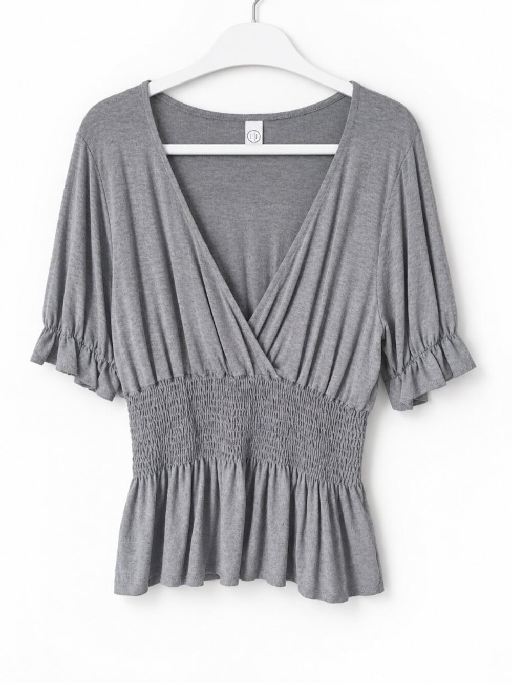 Women’s Heather Gray Surplice Smocked-Waist Peplum Top Size M